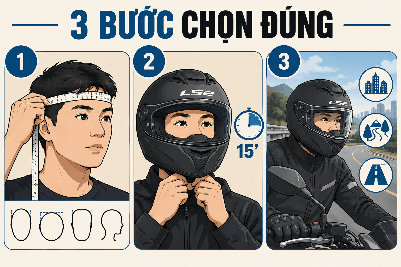 Mũ bảo hiểm LS2 hợp form đầu nào? Cách chọn theo dáng đầu - quy trình từng bước