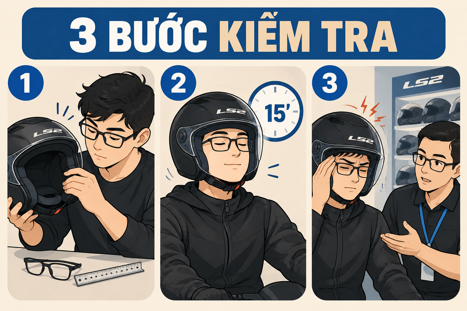 Cách chọn mũ LS2 cho người đội kính cận: tránh cấn thái dương - quy trình từng bước